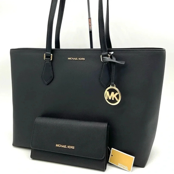 Michael Kors Bag Large Sheila Mf Tote Bag & Large Trifold Wallet Black/Gold